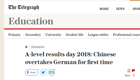 中文成英国第三流行语言 选A-level中文学生首超德语