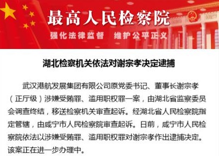 湖北检察机关依法武汉港航董事长谢宗孝决定逮捕